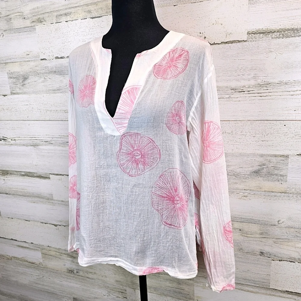 Virginia Johnson Cotton Semi-Sheer Top Size Medium White Boho Beachy Coastal